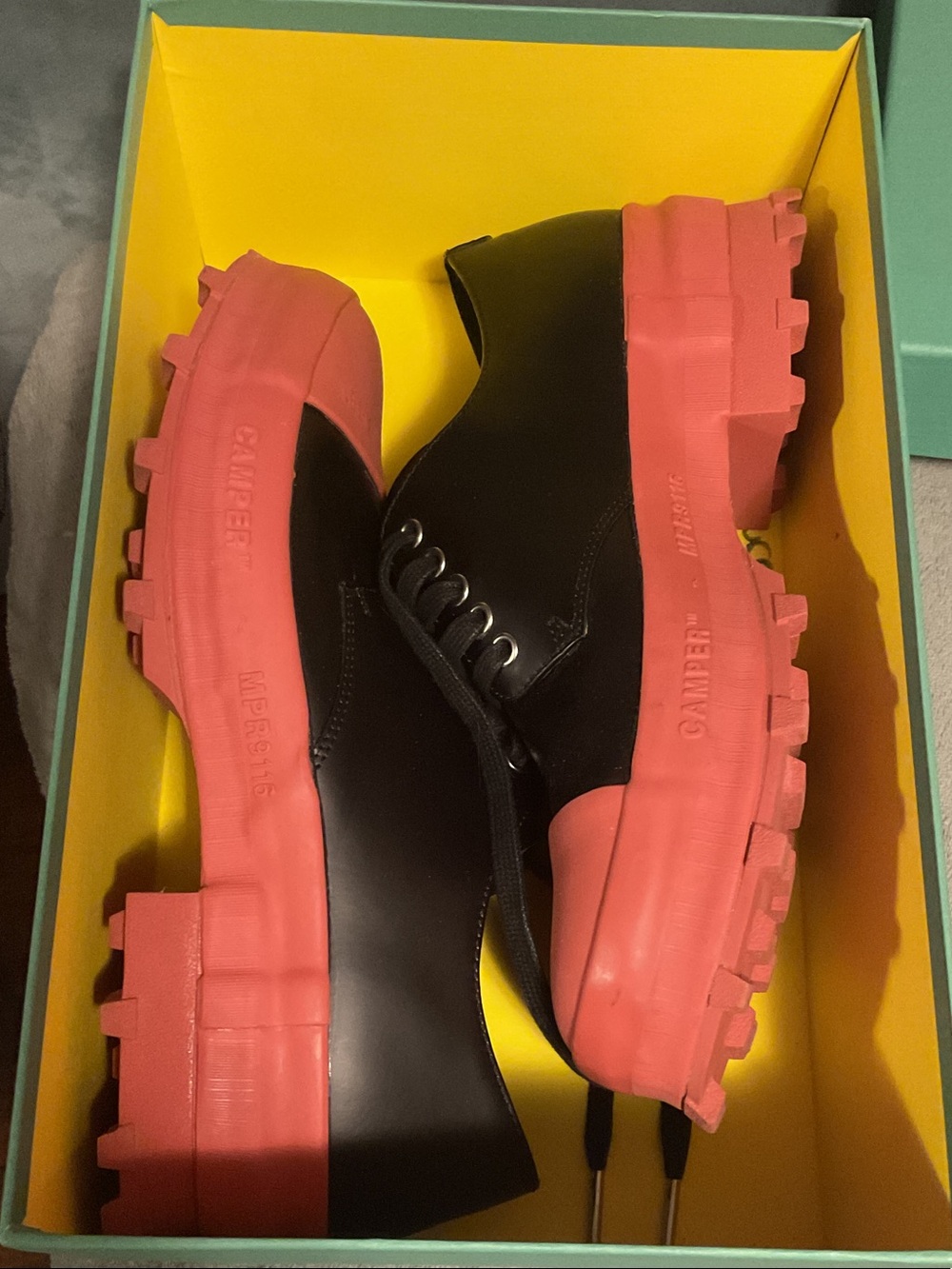 Camper Black Leather Lace-Up Boots with Pink Chunky Soles